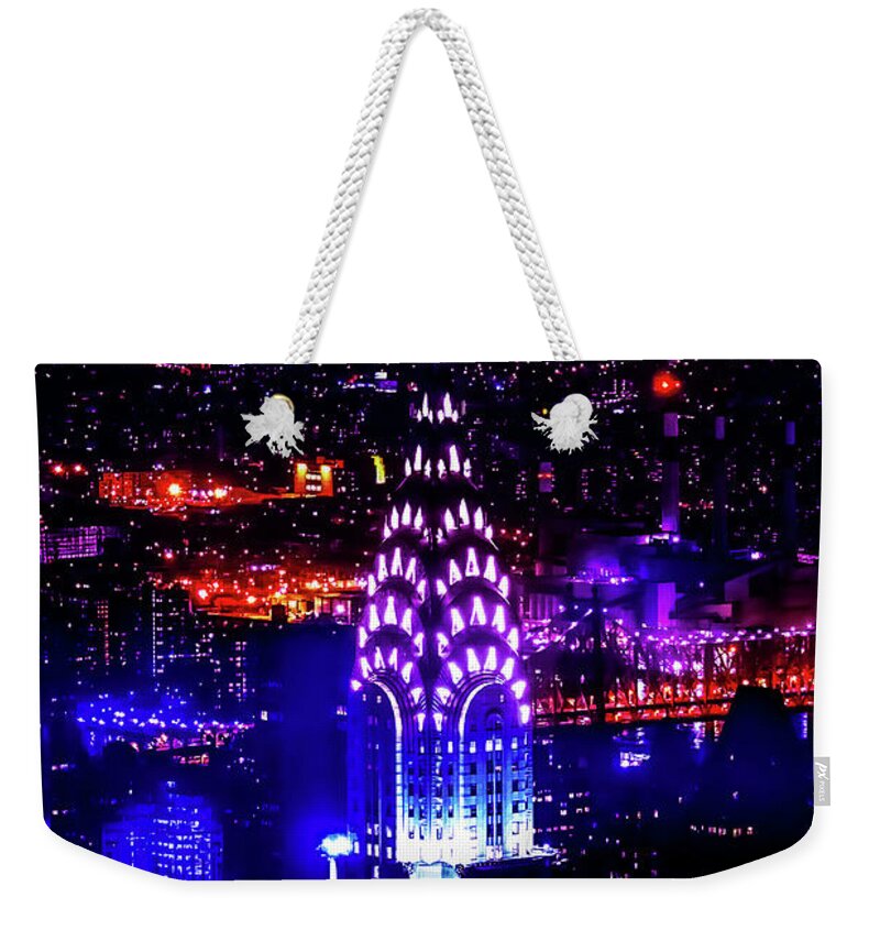 New York City Weekender Tote Bag featuring the photograph Chrysler Lights by Az Jackson