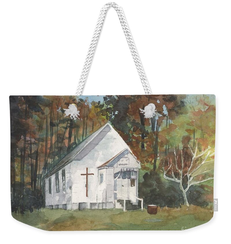 Church Weekender Tote Bag featuring the painting Church in Woods by Vicki B Littell