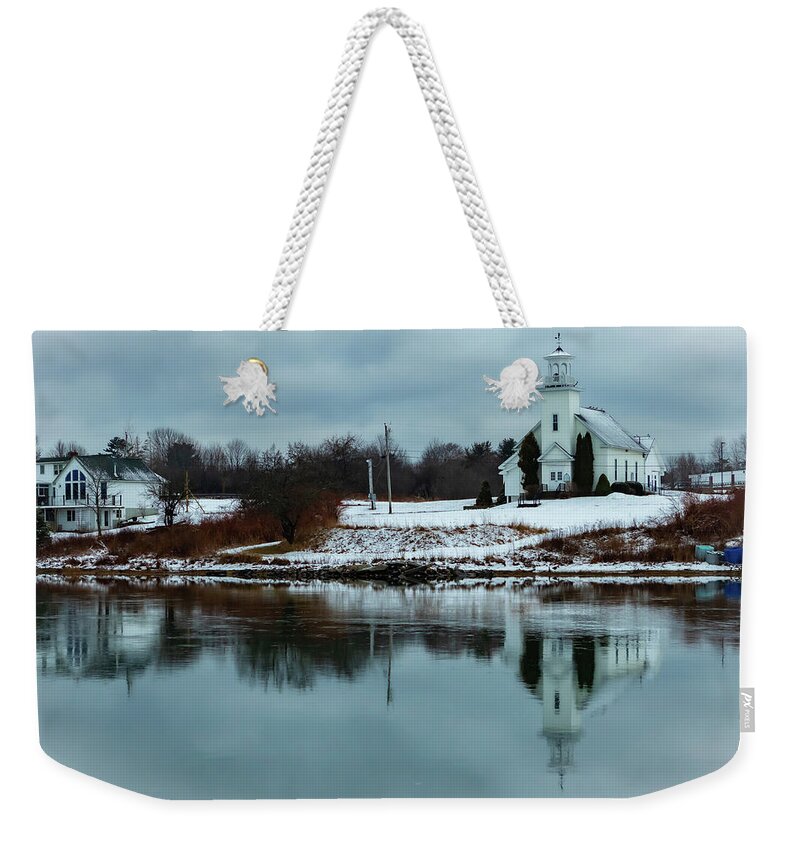 Church Weekender Tote Bag featuring the photograph Church reflection in Maine by George Kenhan