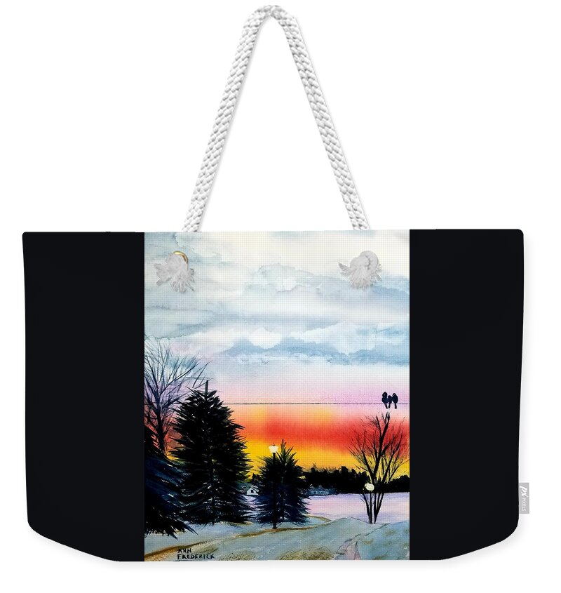 Michigan Sunset Weekender Tote Bag featuring the painting Cindys Sunset by Ann Frederick