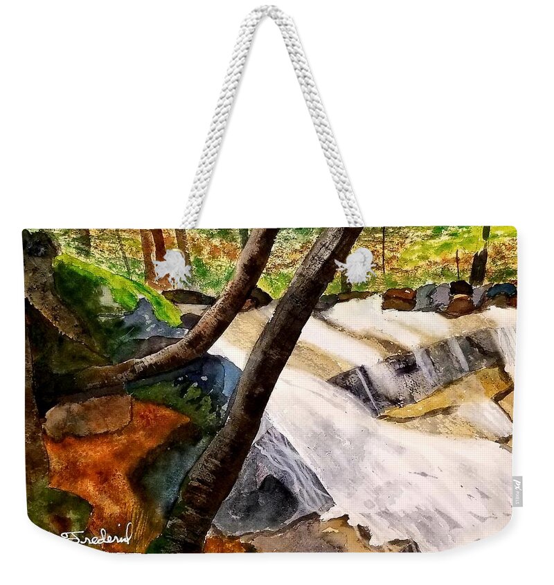 Waterfall Weekender Tote Bag featuring the painting Cindys' Waterfall by Ann Frederick