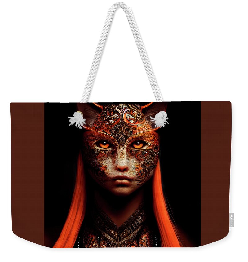 Warriors Weekender Tote Bag featuring the digital art Citrine the Cat Warrior Woman by Peggy Collins