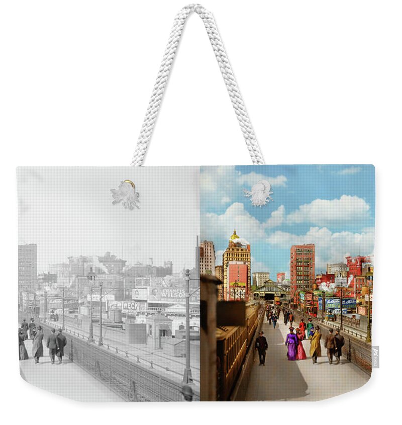 New York Weekender Tote Bag featuring the photograph City - Brooklyn, NY - Infinite City 1908 - Side by Side by Mike Savad