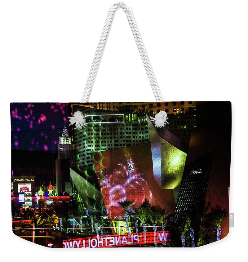 Vegas Weekender Tote Bag featuring the photograph City Center Reflections by Linda Villers