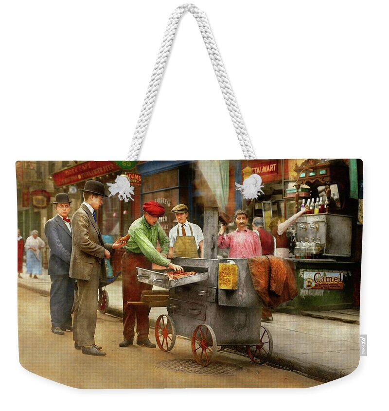 New York Weekender Tote Bag featuring the photograph City - NY - The Yam Man 1915 by Mike Savad