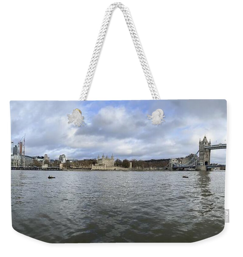 London Buildings Pano Weekender Tote Bag featuring the photograph City Of London And Thames Panorama by David Pyatt