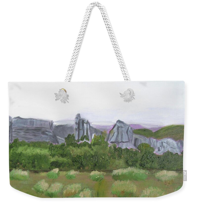 Idaho Weekender Tote Bag featuring the painting City of Rocks climbing area by Linda Feinberg