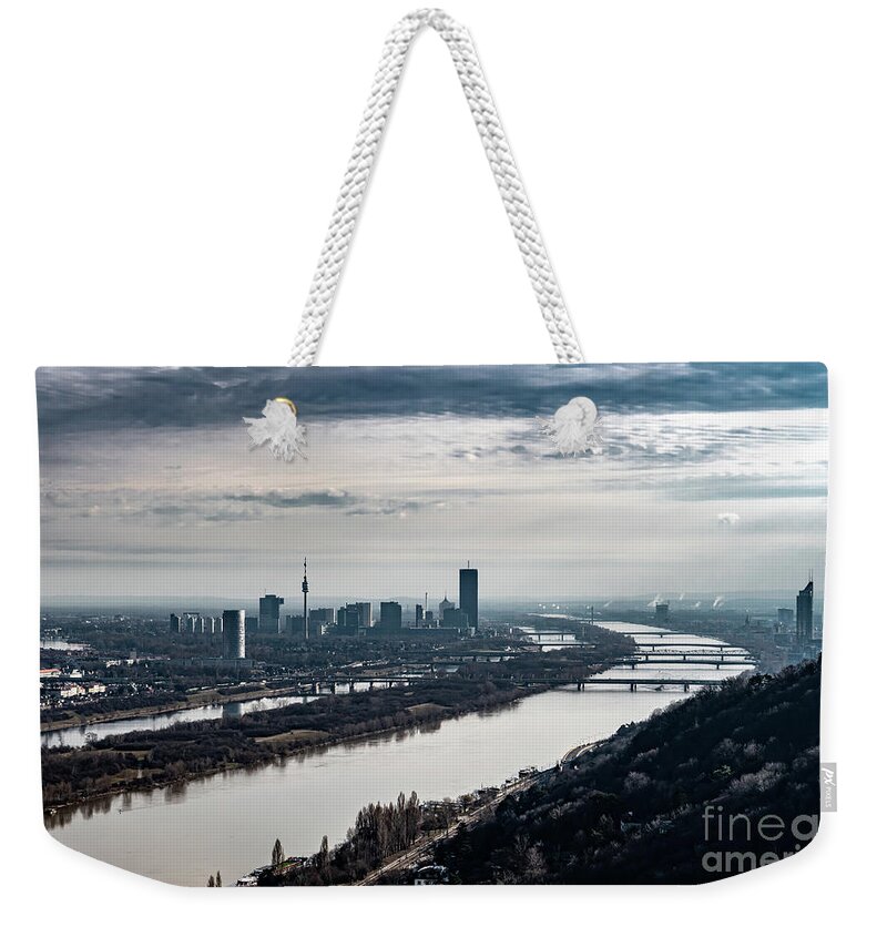Aerial Weekender Tote Bag featuring the photograph City Of Vienna With Suburbs And River Danube In Austria by Andreas Berthold