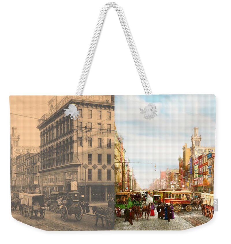 Philly Weekender Tote Bag featuring the photograph City - Philadelphia, PA - Sixth and Market St 1902 - Side by Side by Mike Savad
