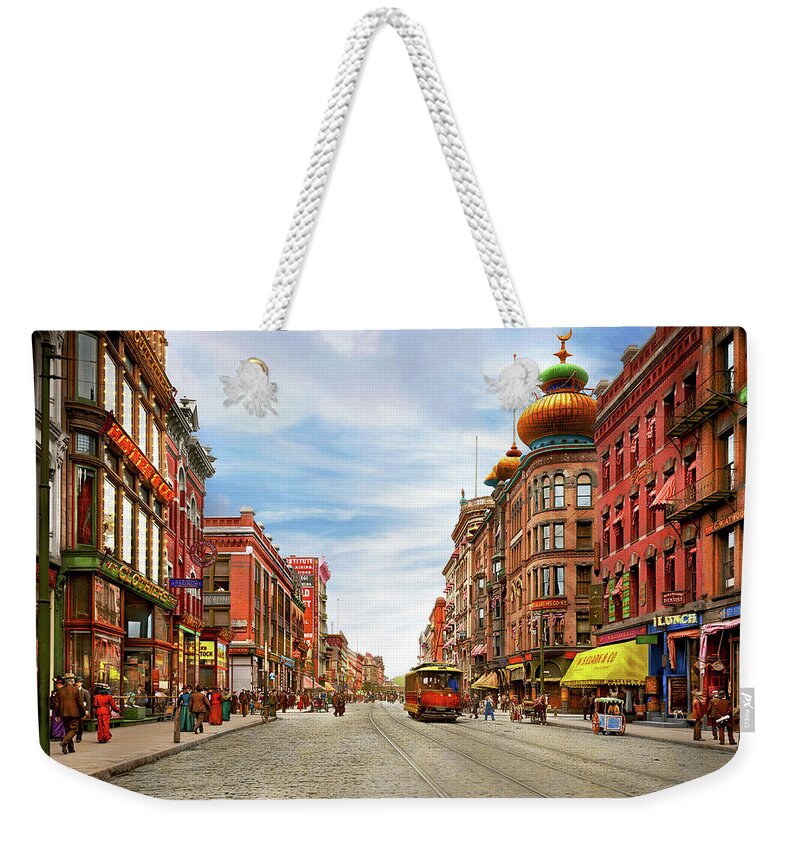 Springfield Weekender Tote Bag featuring the photograph City - Springfield, MA - The architecture on Main Street 1905 by Mike Savad