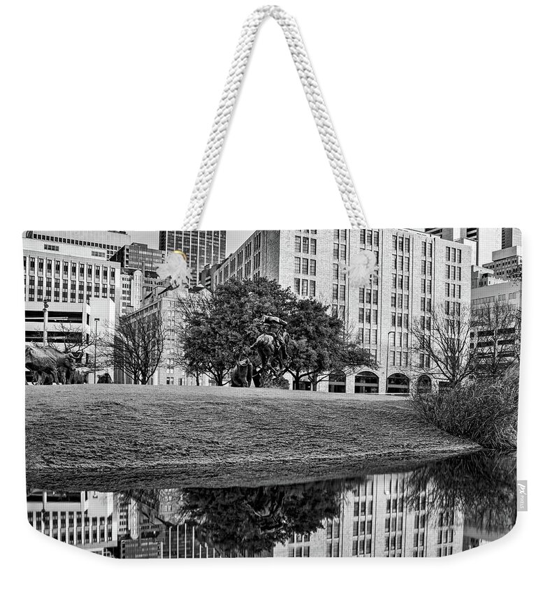 Dallas Texas Weekender Tote Bag featuring the photograph Cityscape Reflections Of Dallas Texas - Black and White by Gregory Ballos