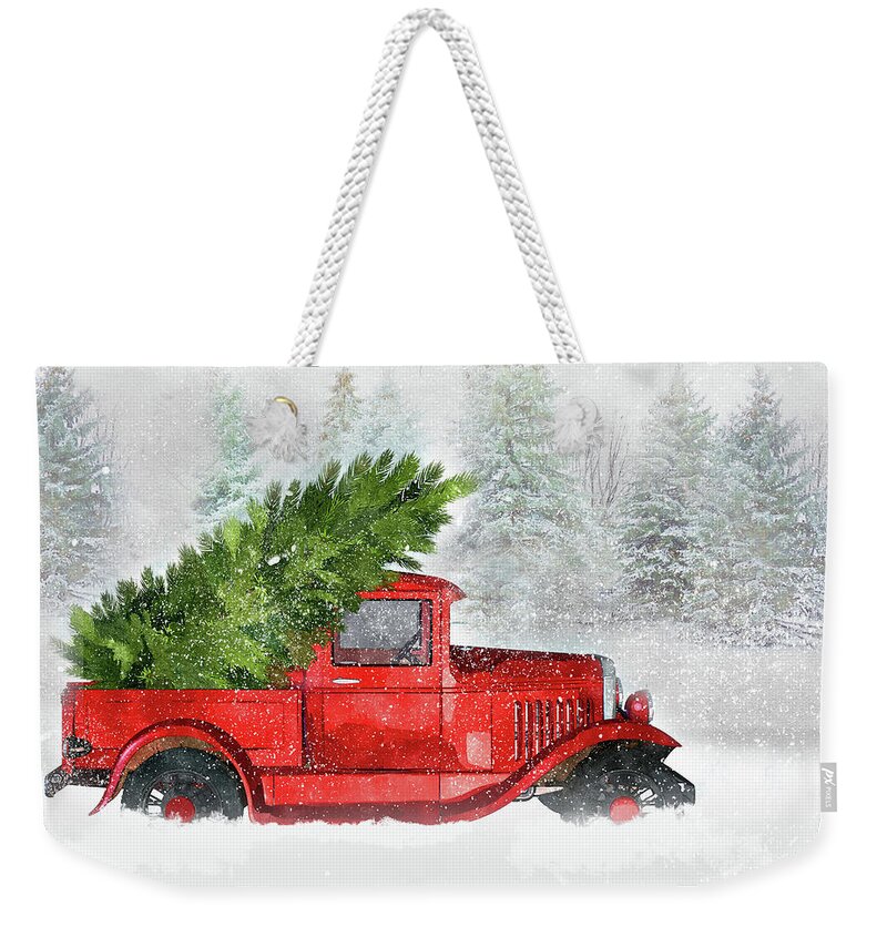 Christmas Weekender Tote Bag featuring the digital art Classic Holiday Vintage Red Truck by Doreen Erhardt