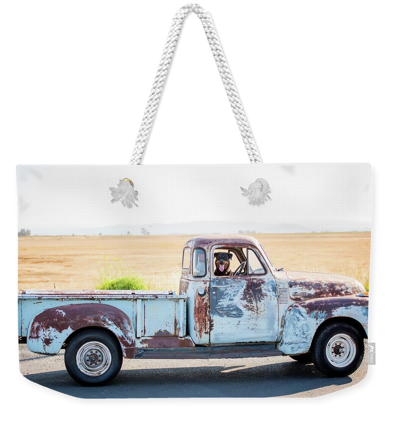 Classic Truck Weekender Tote Bag featuring the photograph Classic Truck and Man's best friend by Aileen Savage