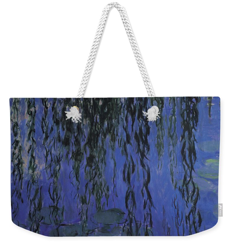 Claude Monet  Meadow In Givernyclaude Monet  Meadow In Givernyclaude Monet  Meadow In Givernyclaude Monet  Meadow In Givernyclaude Monet  Meadow In Givernyclaude Monet  Meadow In Givernyclaude Monet  Meadow In Giverny Weekender Tote Bag featuring the painting Claude Monet Water Lilies and Weeping Willow Branches by MotionAge Designs