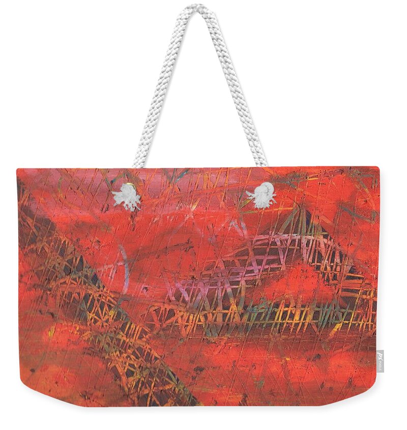 Red Weekender Tote Bag featuring the painting Clawing through the Process by Esoteric Gardens KN