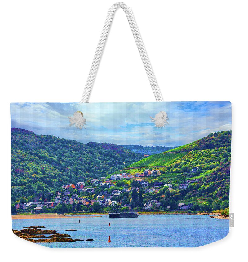 Rhine River Gorge Weekender Tote Bag featuring the digital art Clearing the Shoals, Dry Brush on Sandstone by Ron Long Ltd Photography
