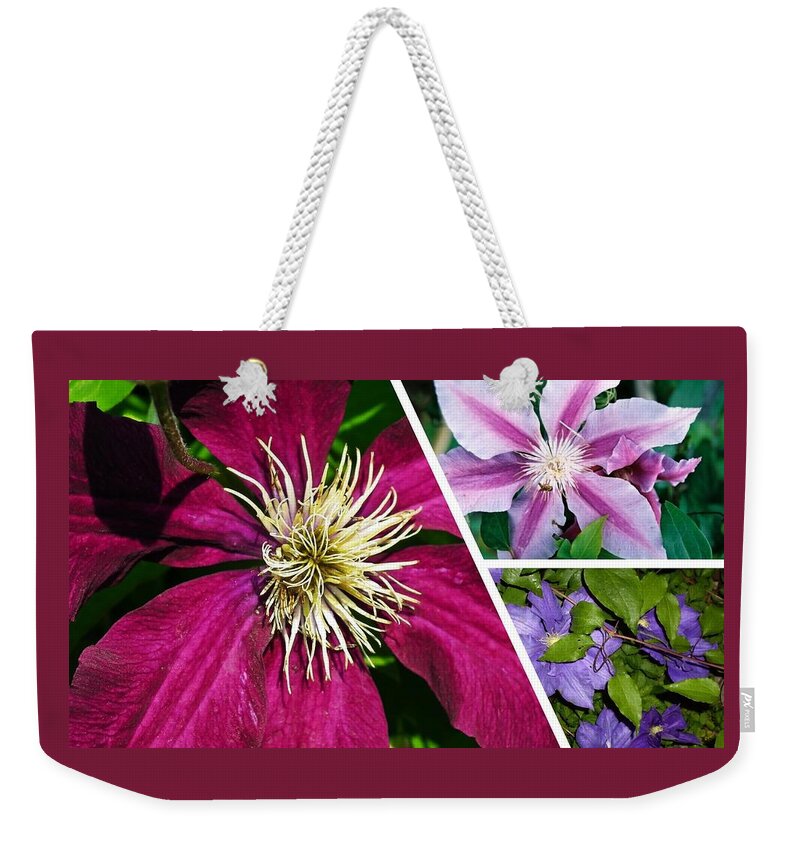 Clematis Weekender Tote Bag featuring the photograph Clematis Blossoms by Nancy Ayanna Wyatt