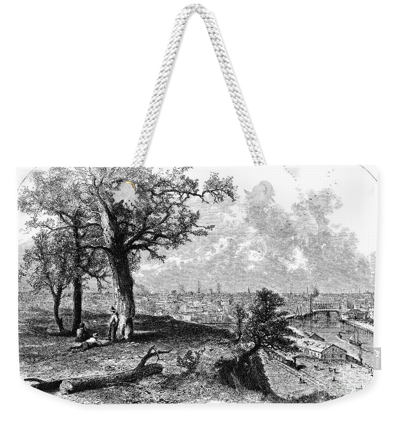 1872 Weekender Tote Bag featuring the drawing Cleveland, Ohio by John Douglas Woodward