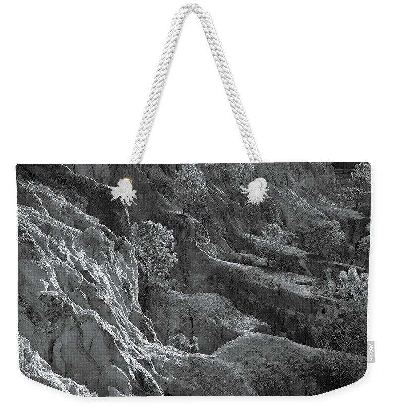 Cliffs Weekender Tote Bag featuring the photograph Cliff Pine Trees in Monochrome by Angelo DeVal