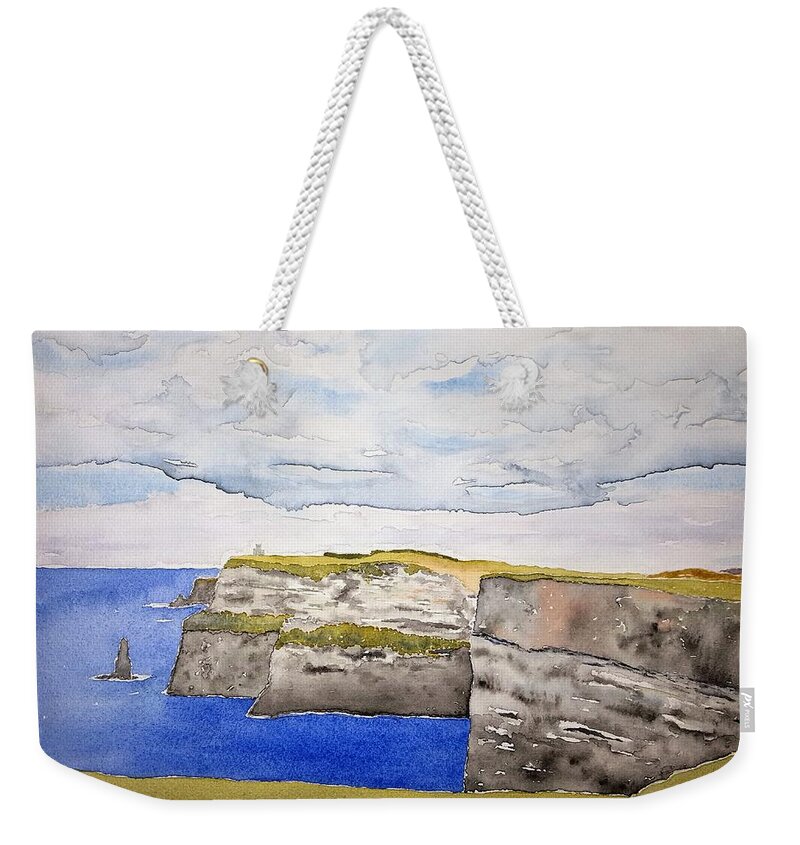 Watercolor Weekender Tote Bag featuring the painting Cliffs of Moher by John Klobucher