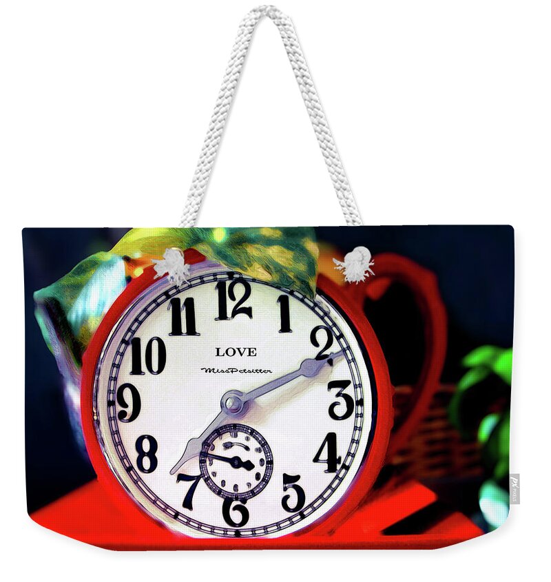 Art Weekender Tote Bag featuring the digital art Clock in the Garden Painting by Miss Pet Sitter
