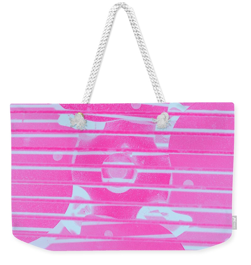 Fan Weekender Tote Bag featuring the photograph Close up of Old Fan Gray and Pink Gradient by Ali Baucom