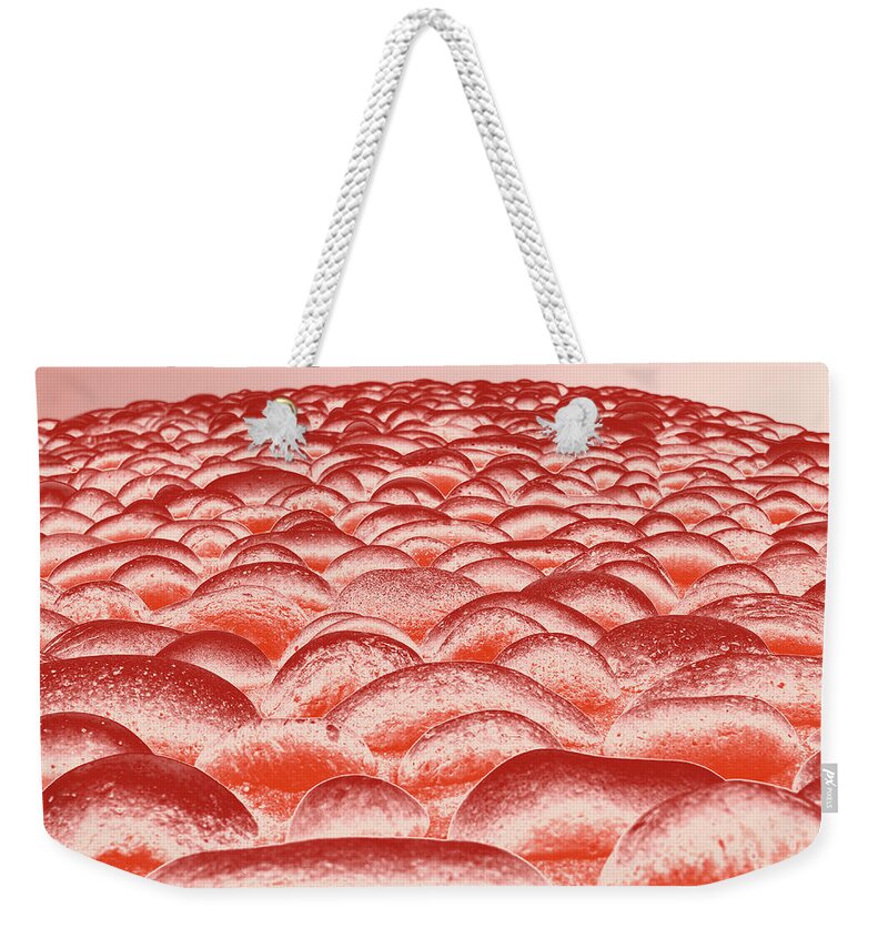 Abstract Weekender Tote Bag featuring the digital art Close Up To A Rock Wall, Salmon, Peach, And Red by David Desautel