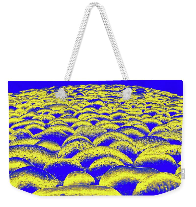 Abstract Weekender Tote Bag featuring the digital art Close Up To A Rock Wall, Yellow And Dark Blue by David Desautel