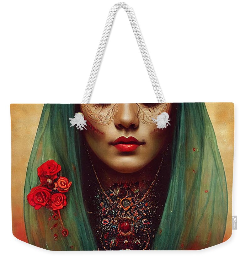 Beautiful Weekender Tote Bag featuring the painting Closeup Portrait Of Beautiful Mexican Queen Of Th 4fe6ce64 5481 4142 Ae54 E451d4f6a147 by MotionAge Designs