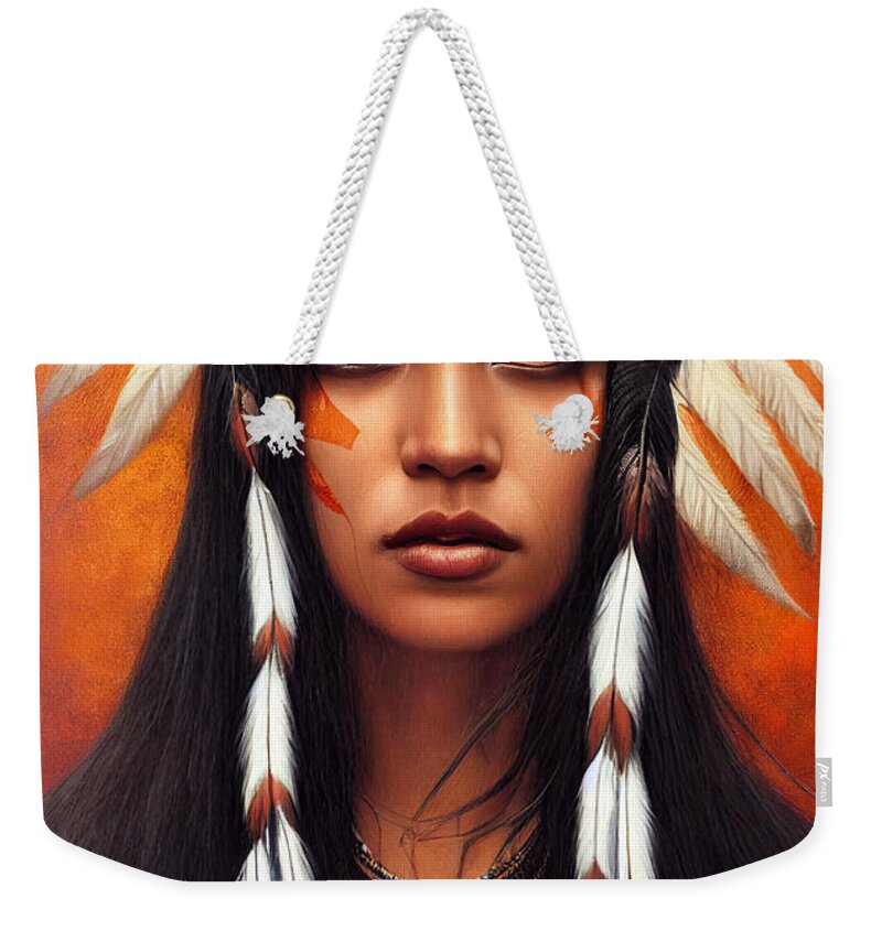Beautiful Weekender Tote Bag featuring the painting Closeup Portrait Of Beautiful Native American Wom 44777eb4 86ef 451e 8412 15e4cf2e6574 by MotionAge Designs