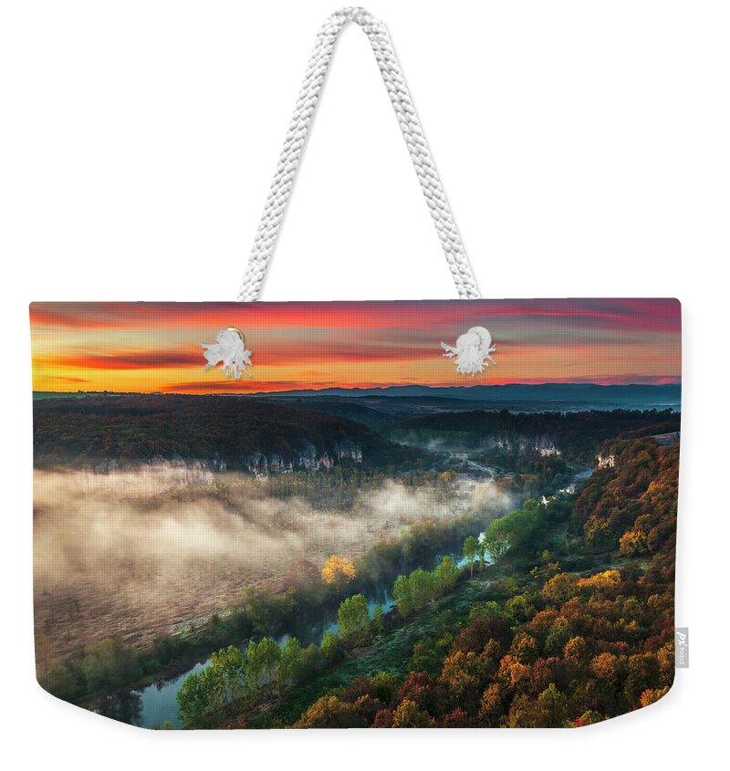 Aglen Village Weekender Tote Bag featuring the photograph Clouds Above the River by Evgeni Dinev