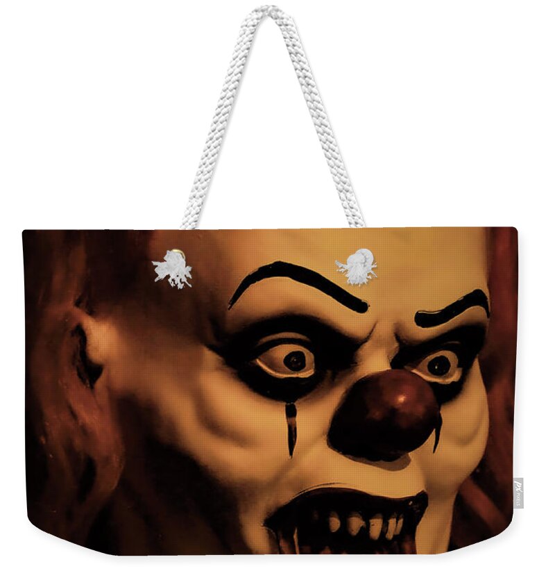 Clown Face Scary Close Red Teeth Halloween Weekender Tote Bag featuring the photograph Clown by John Linnemeyer