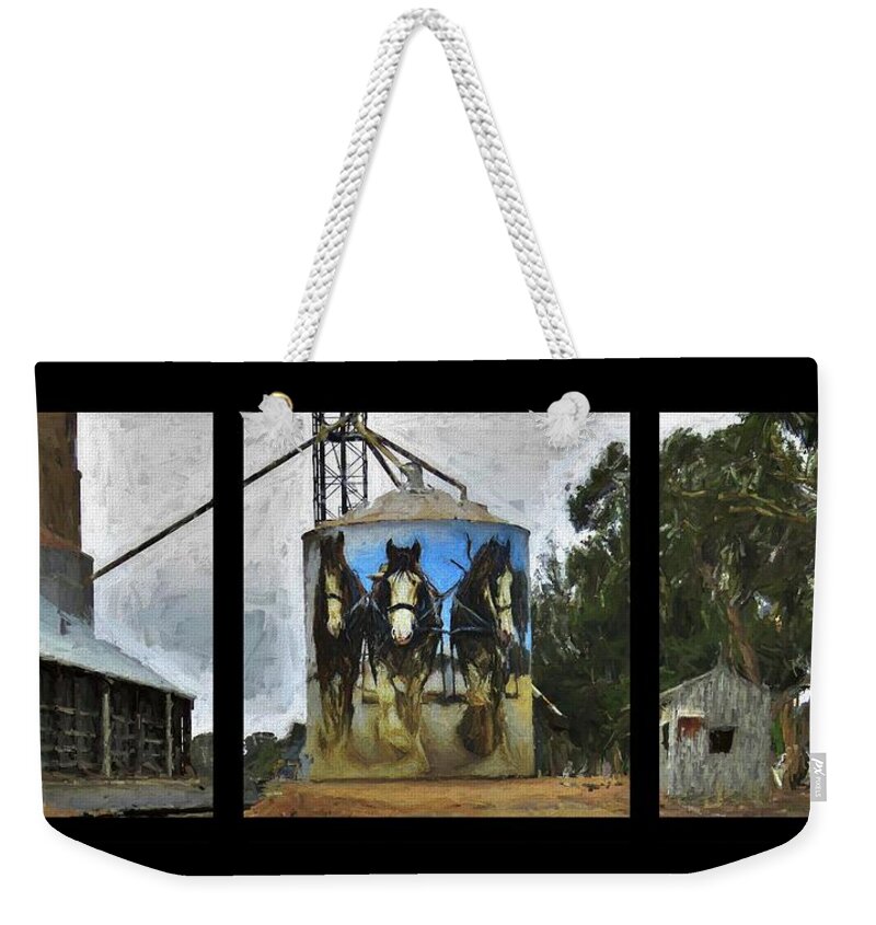 Clydesdales Weekender Tote Bag featuring the mixed media Clydesdales Clem Sam Banjo Goorambat Silo Art by Joan Stratton