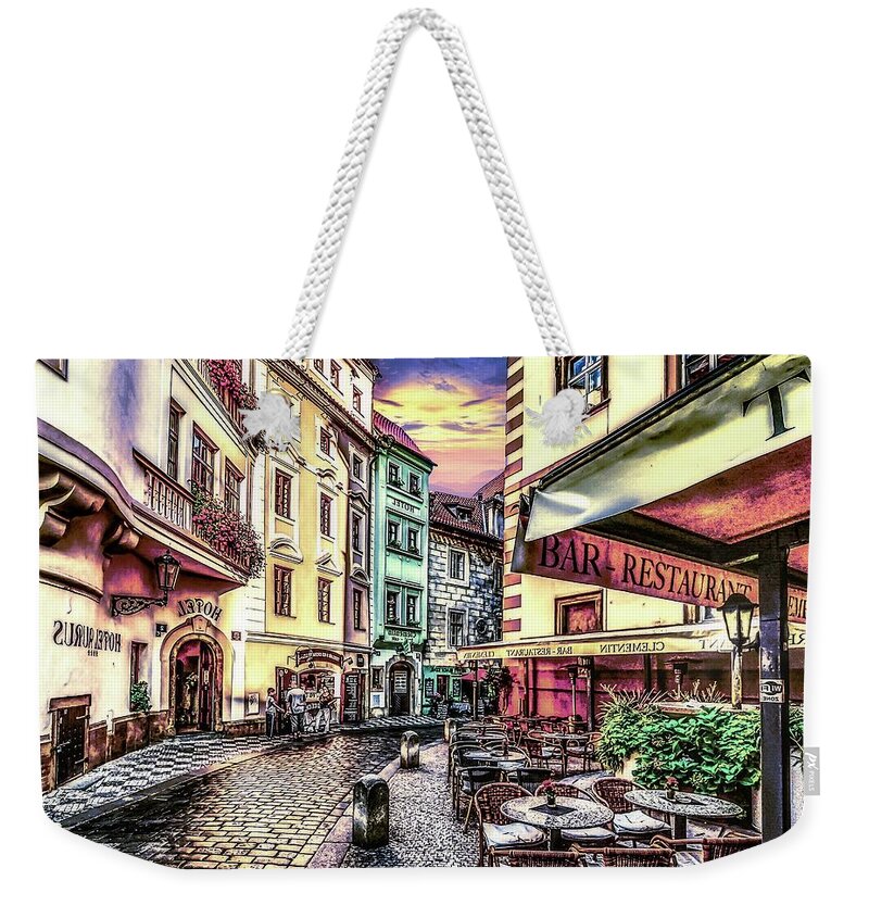 Europe Weekender Tote Bag featuring the digital art Cobblestone Cafe by Norman Brule