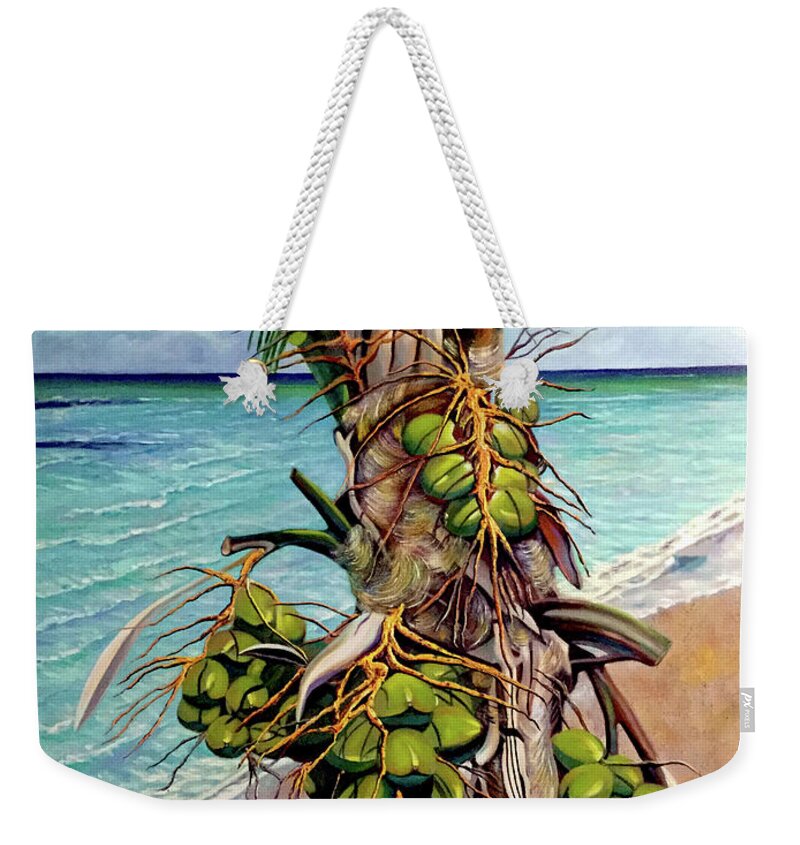 Coconuts Weekender Tote Bag featuring the painting Coconuts on beach by Jose Manuel Abraham