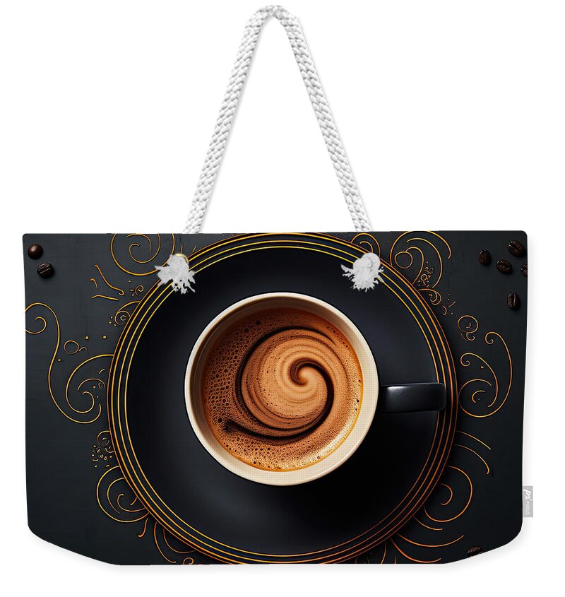 Modern Coffee Art Weekender Tote Bag featuring the painting Coffee Art for the Modern Age - Elegant Black Kitchen Art by Lourry Legarde