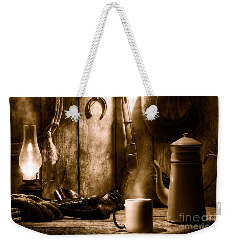 Antique Weekender Tote Bag featuring the photograph Coffee at the Cabin - Sepia by Olivier Le Queinec