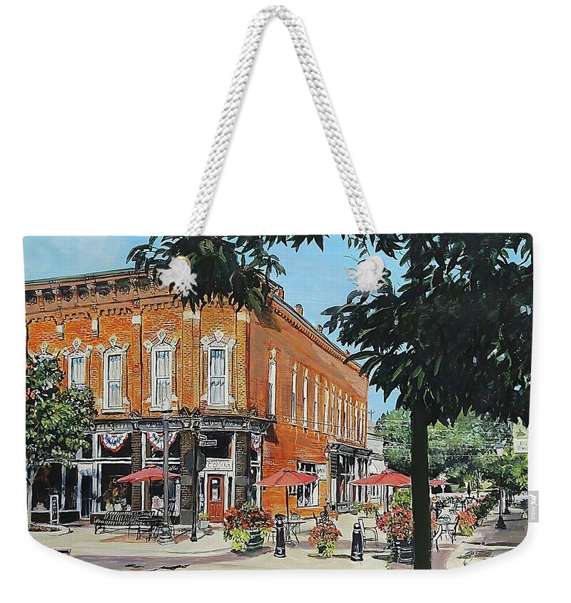 Holly Michigan Weekender Tote Bag featuring the painting Coffee On The Corner by William Brody
