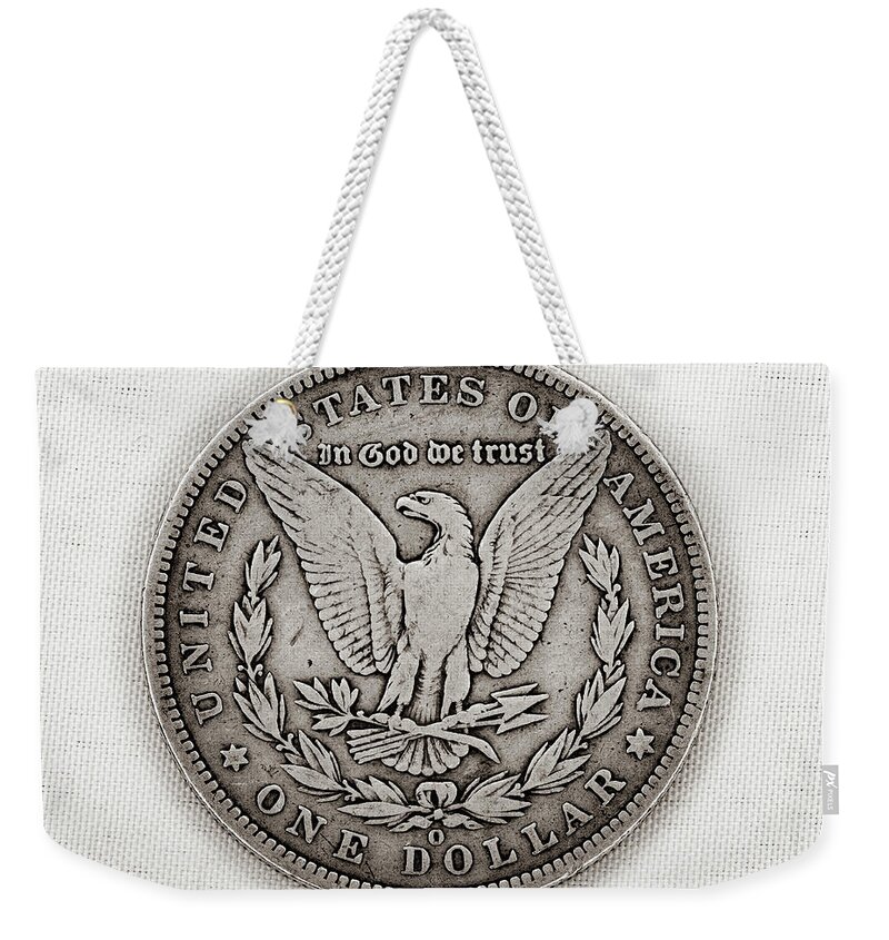Antique Weekender Tote Bag featuring the photograph Coin Collecting - 1887 Morgan Dollar Eagle Side by Amelia Pearn