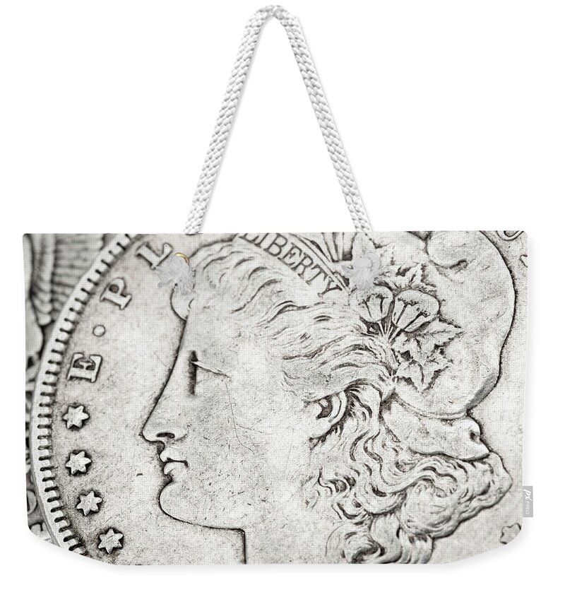 Antique Weekender Tote Bag featuring the photograph Coin Collecting - Morgan Dollar Face Side by Amelia Pearn