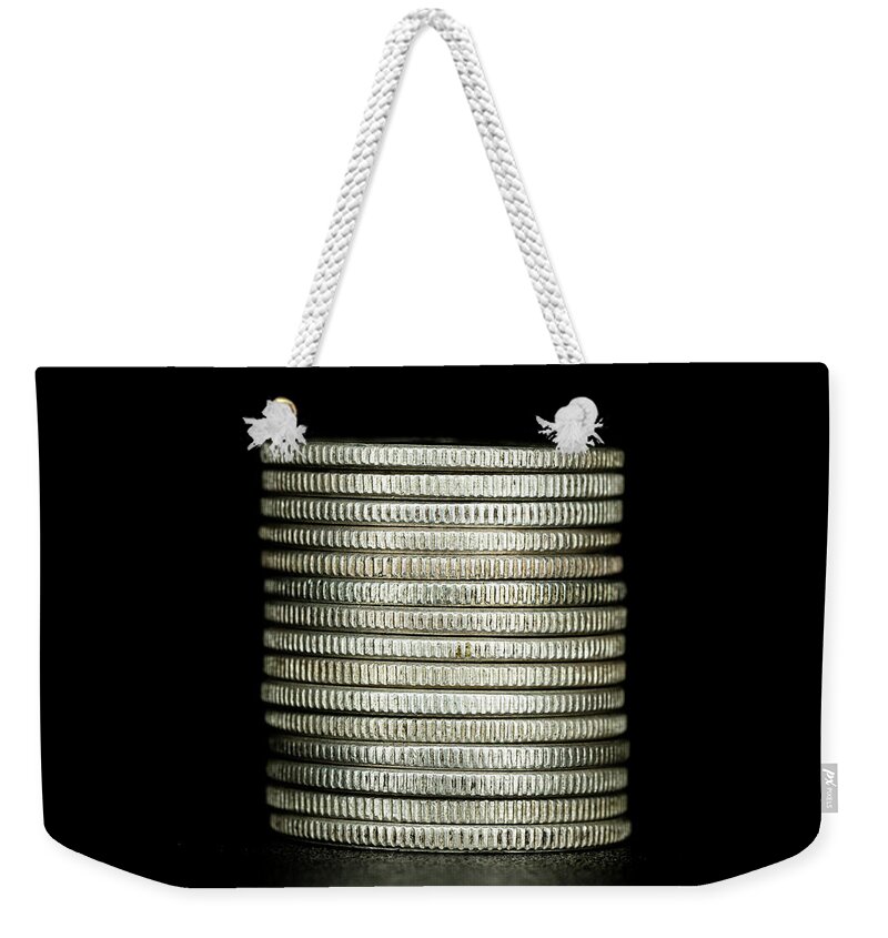 Coins Weekender Tote Bag featuring the photograph Coin Collecting - Silver Quarter Stack by Amelia Pearn