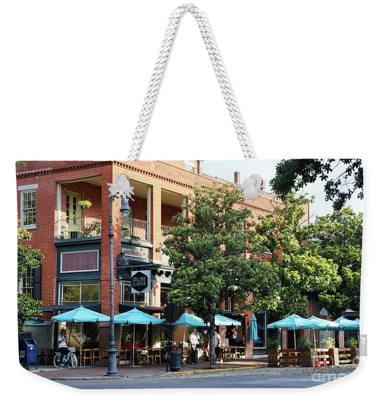 Collins Weekender Tote Bag featuring the photograph Collins Quarter at Forsyth Cafe Savannah 0701 by Jack Schultz