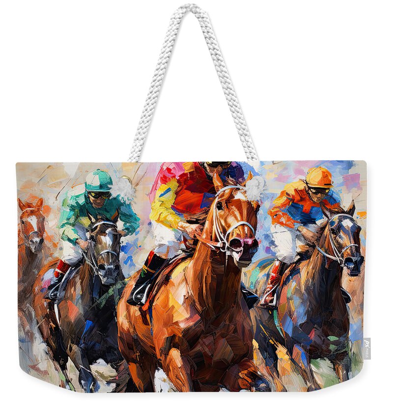 Horse Racing Weekender Tote Bag featuring the painting Color Rush by Lourry Legarde