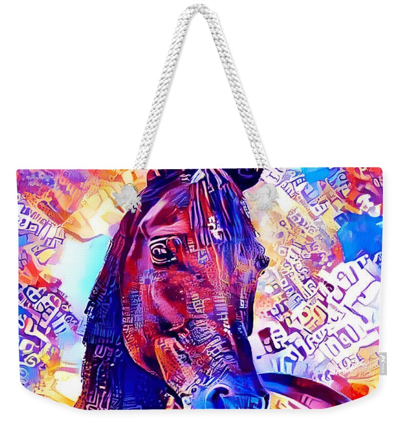 Arabian Horse Weekender Tote Bag featuring the digital art Colorful Arabian horse portrait in blue and violet by Nicko Prints