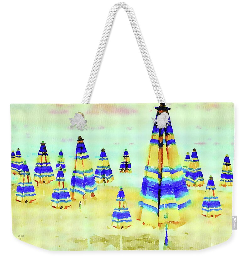 Colorful Weekender Tote Bag featuring the mixed media Colorful Beach Umbrellas Watercolor Painting by Shelli Fitzpatrick