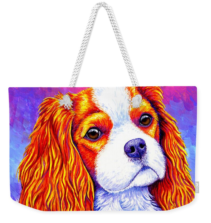 Cavalier King Charles Spaniel Weekender Tote Bag featuring the painting Colorful Cavalier King Charles Spaniel Dog by Rebecca Wang