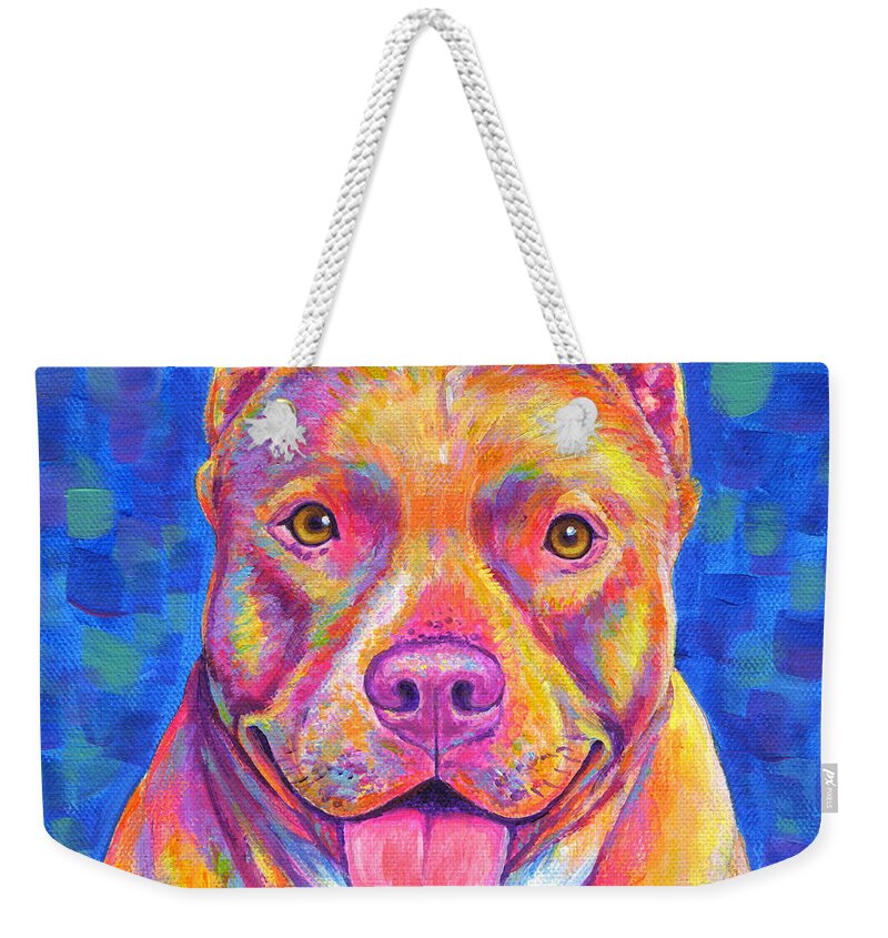 Pitbull Weekender Tote Bag featuring the painting Colorful Pitbull Dog by Rebecca Wang