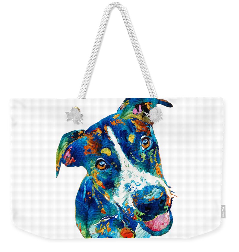 Dog Weekender Tote Bag featuring the painting Colorful Dog Art - Happy Go Lucky - By Sharon Cummings by Sharon Cummings