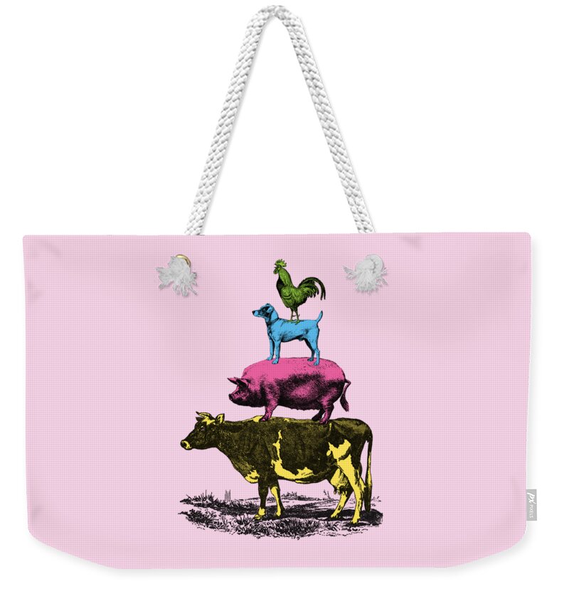 Farm Weekender Tote Bag featuring the digital art Colorful Farm Animals On Pink Background by Madame Memento