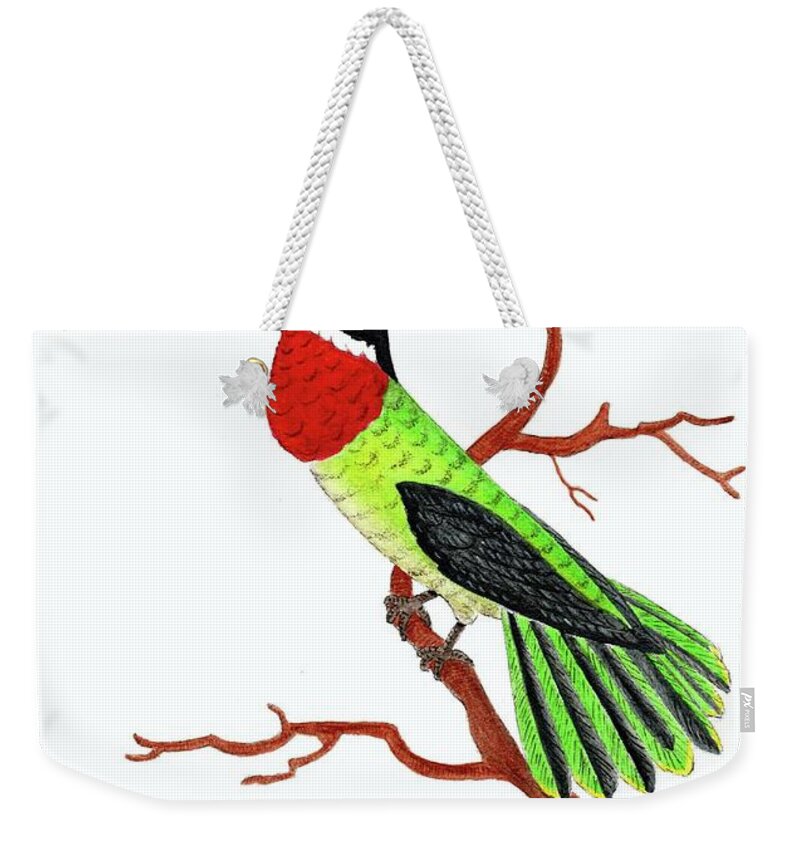 Hummingbird Weekender Tote Bag featuring the painting Colorful Hummingbird Day 4 Challenge by Donna Mibus